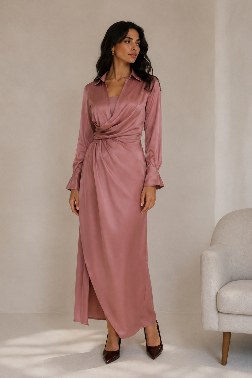 Rosalyn - elegantné staroružové saténové maxi šaty s riasením v páse