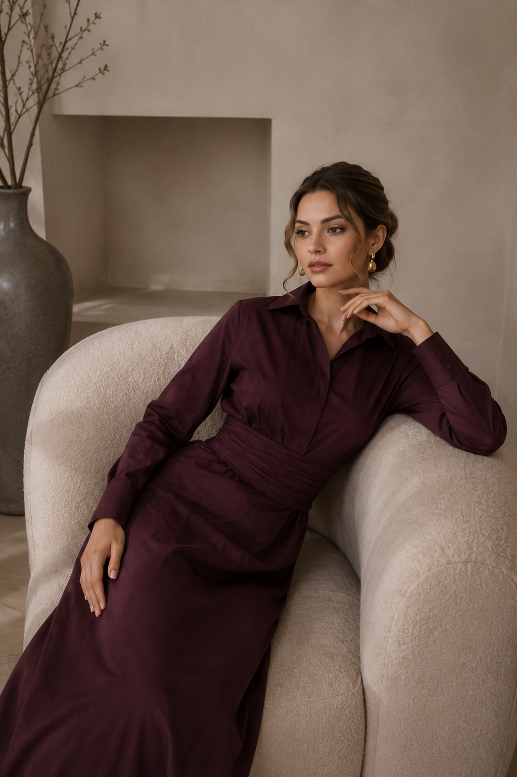 Valentina - elegantné bordovej midi šaty s riaseným pásom