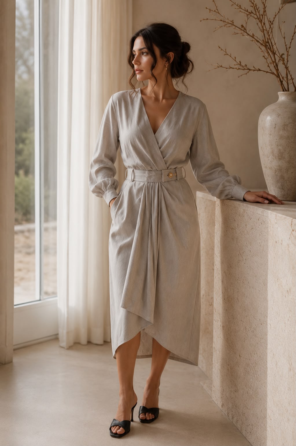 Céleste – elegantné zavinovacie midi šaty s opaskom v krémovej farbe