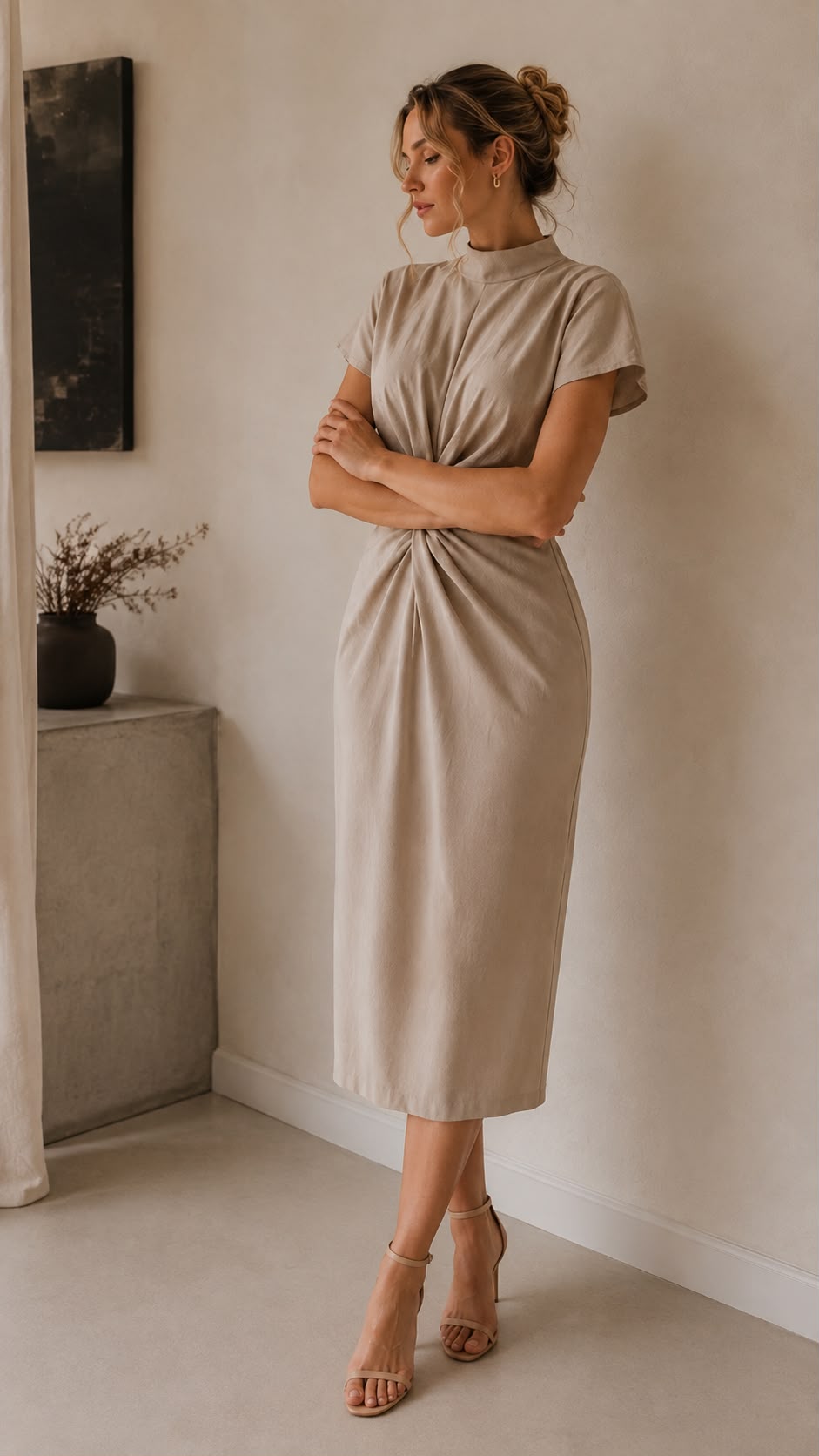 Adeline – elegantné midi šaty s riaseným detailom v páse v béžovej farbe