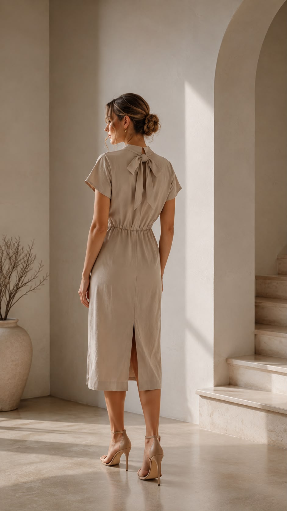 Adeline – elegantné midi šaty s riaseným detailom v páse v béžovej farbe