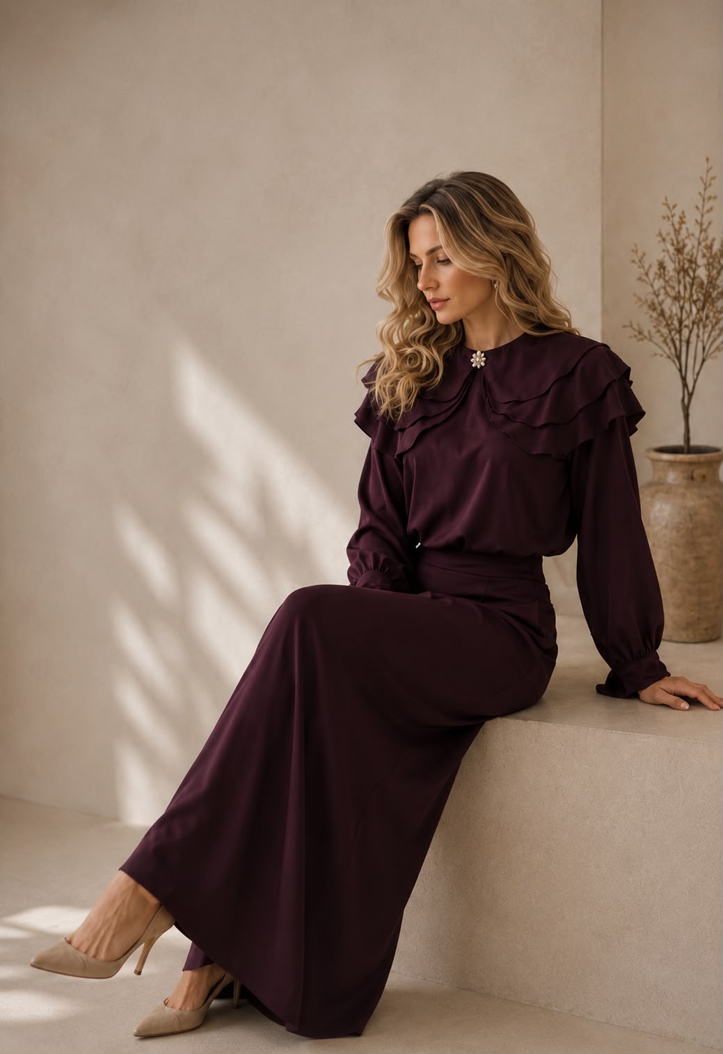 Magnolia - slivková blúzka s volánmi a dlhá sukňa