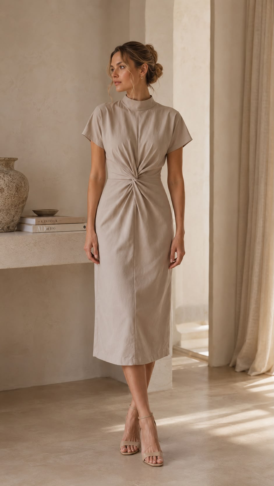 Adeline – elegantné midi šaty s riaseným detailom v páse v béžovej farbe