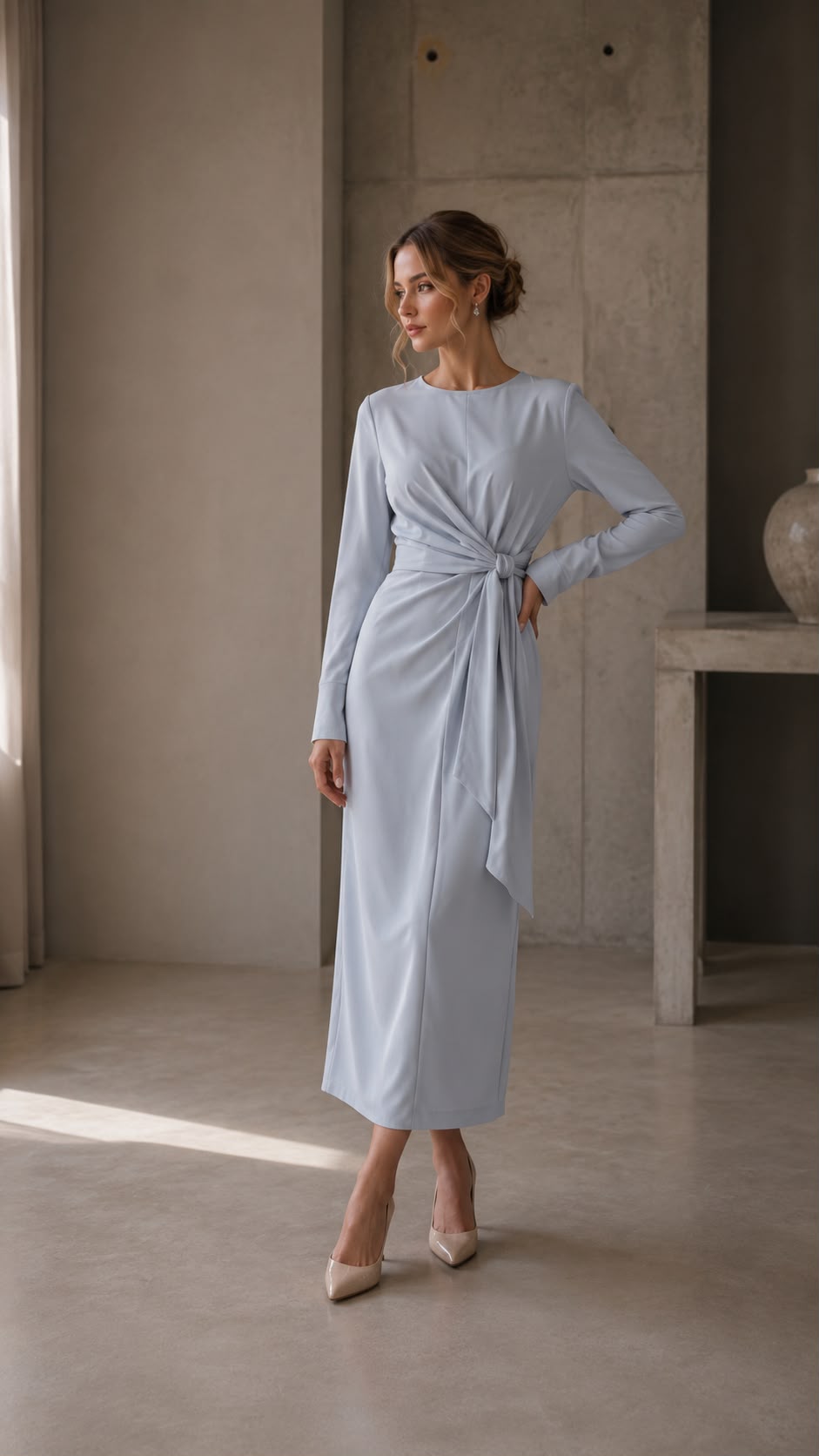 Livia - elegantné svetlomodré midi šaty s riasením v páse