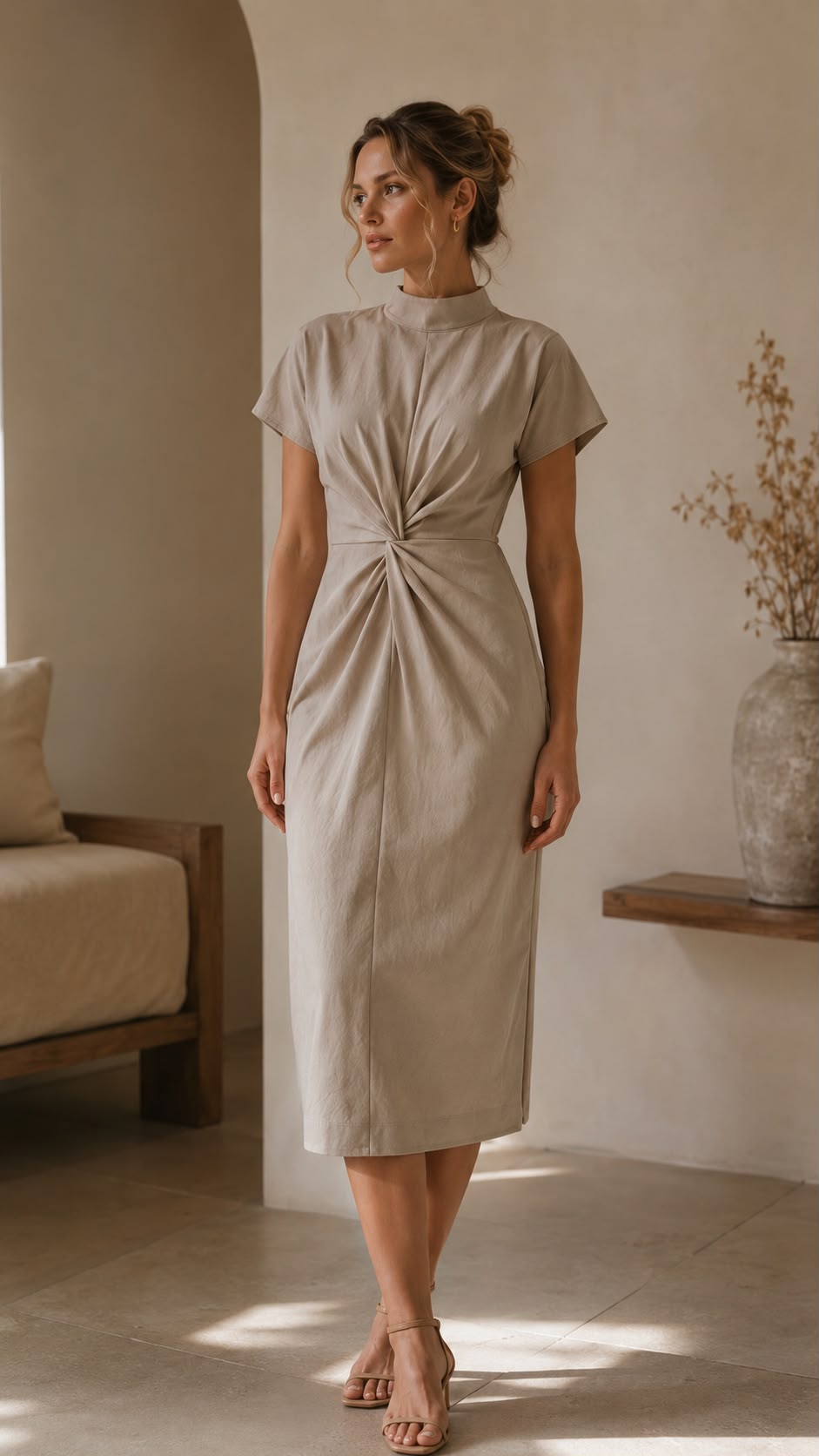 Adeline – elegantné midi šaty s riaseným detailom v páse v béžovej farbe