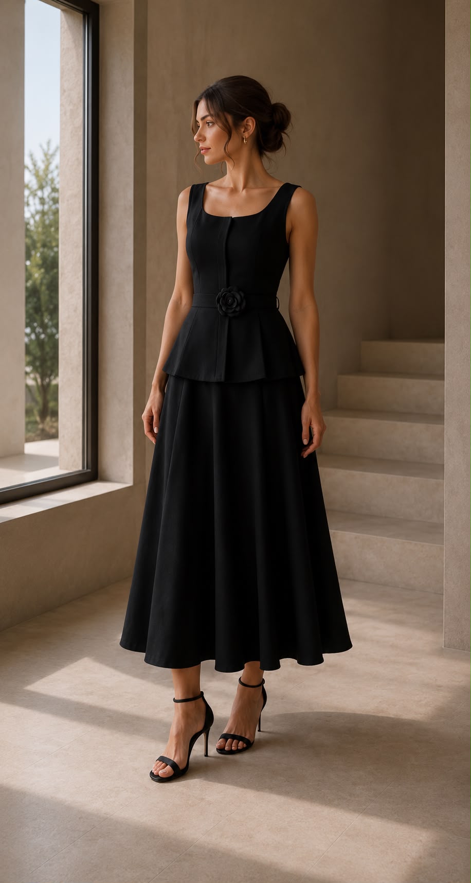 Noelle - elegantné čierne midi šaty s kvetinovým detailom v páse