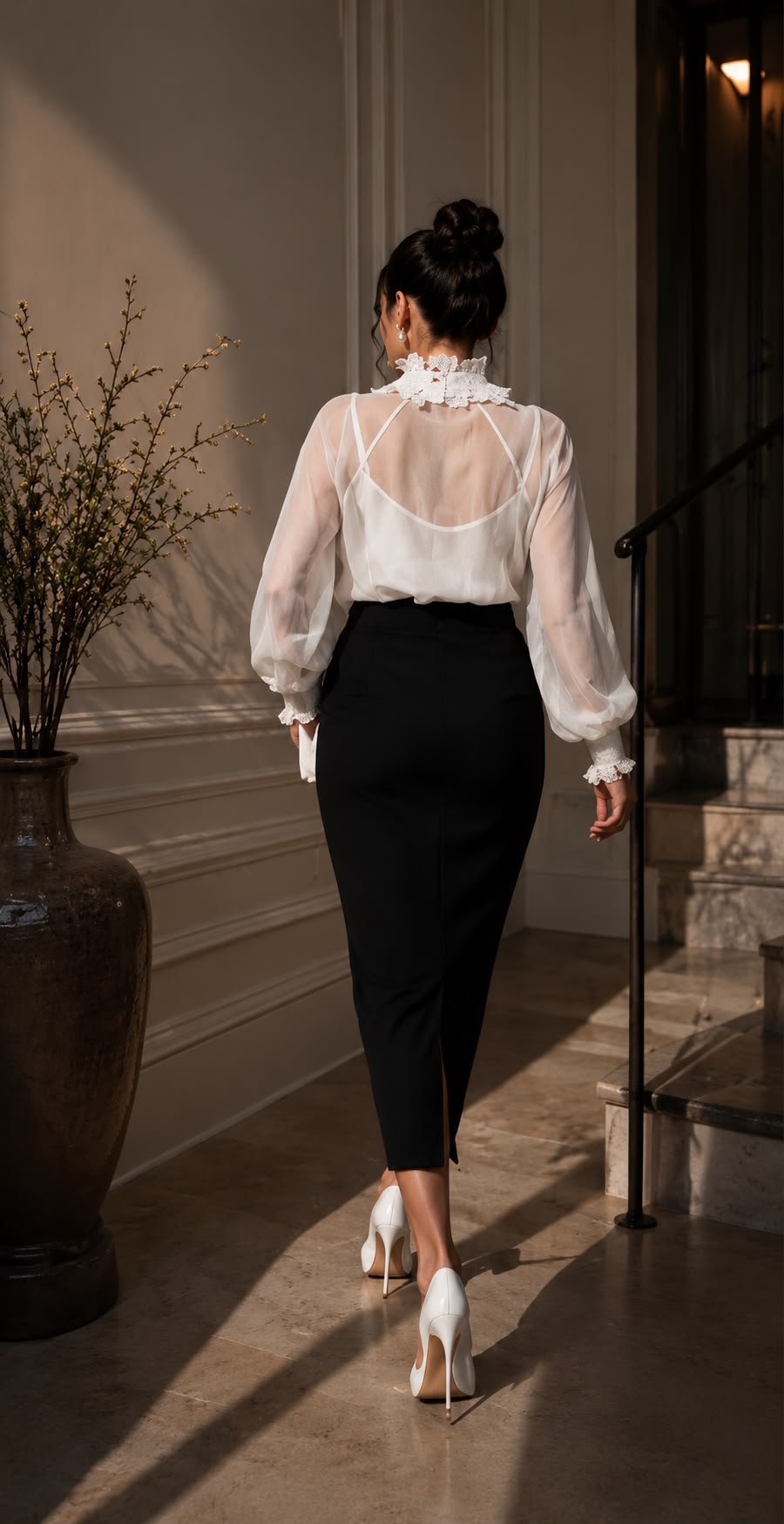 Isabelle - elegantná biela blúzka s viazaním a čierna midi sukňa