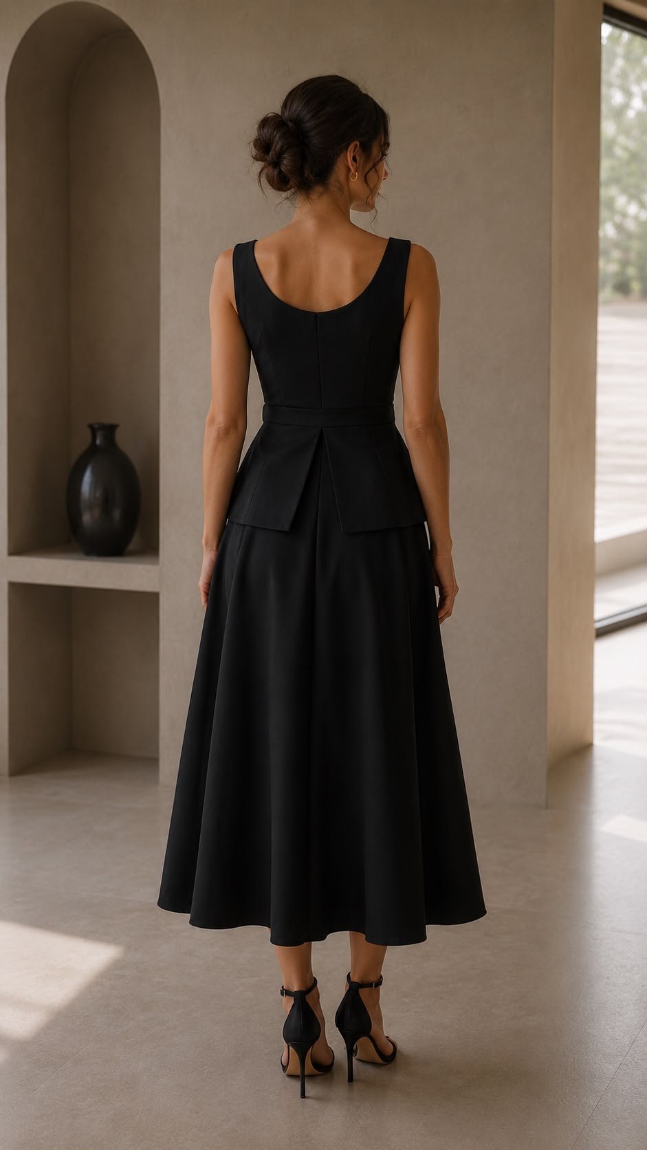 Noelle - elegantné čierne midi šaty s kvetinovým detailom v páse