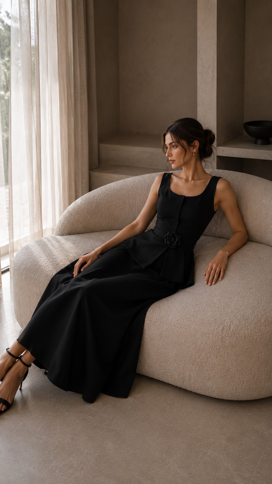 Noelle - elegantné čierne midi šaty s kvetinovým detailom v páse