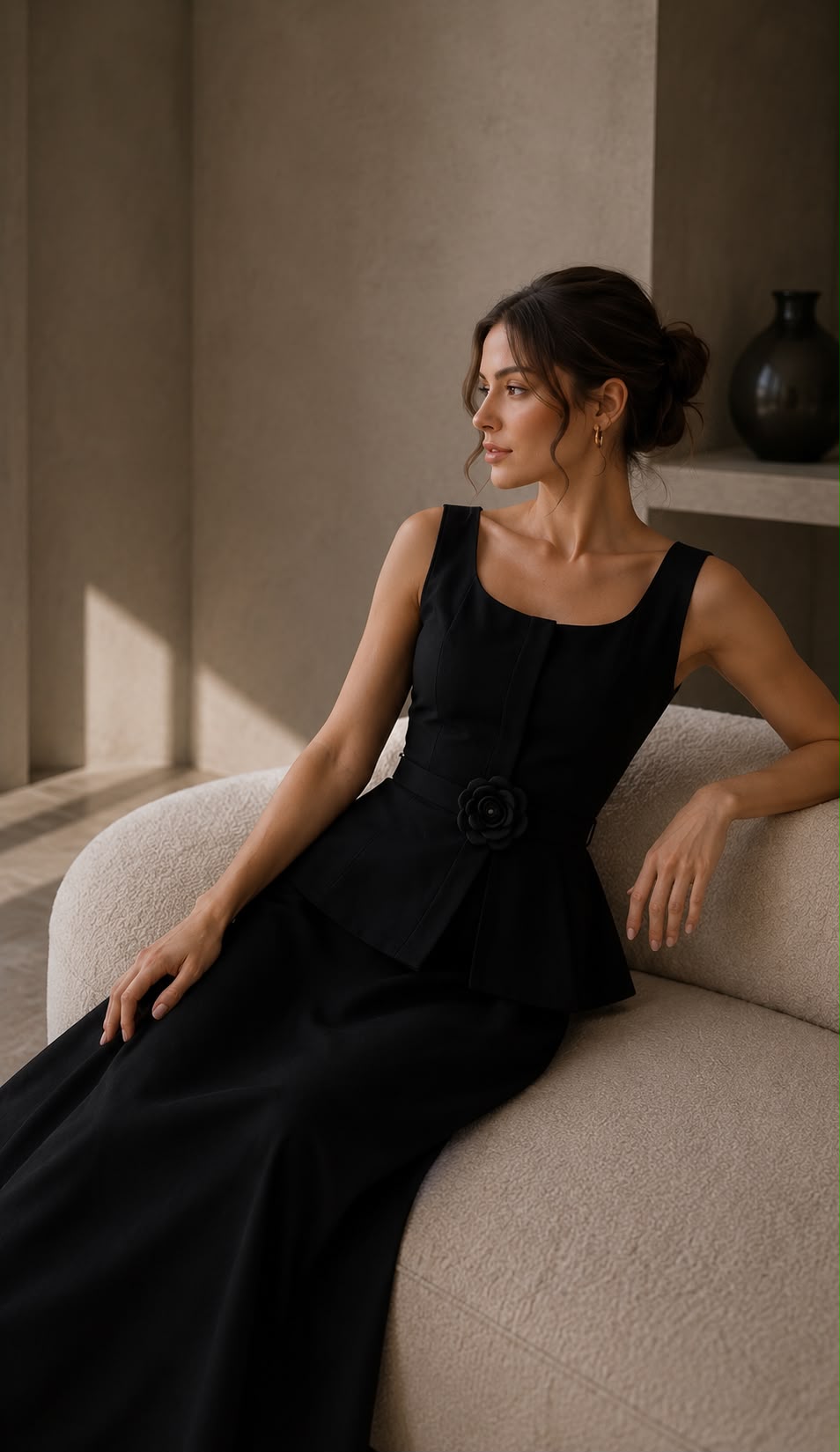 Noelle - elegantné čierne midi šaty s kvetinovým detailom v páse