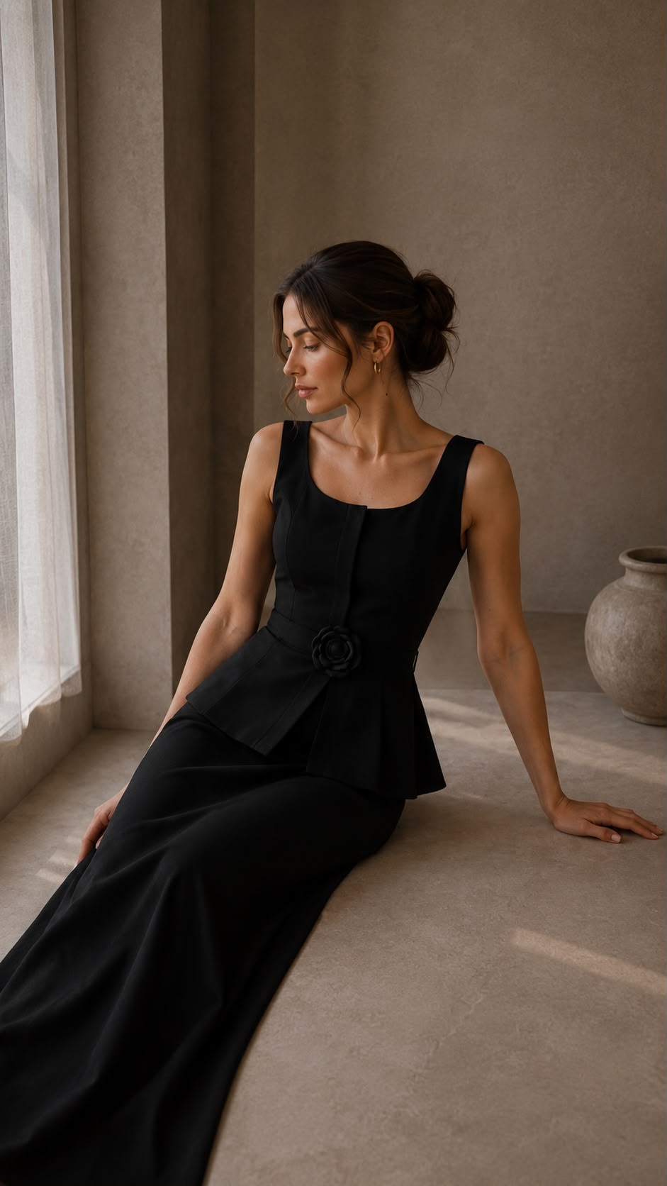 Noelle - elegantné čierne midi šaty s kvetinovým detailom v páse