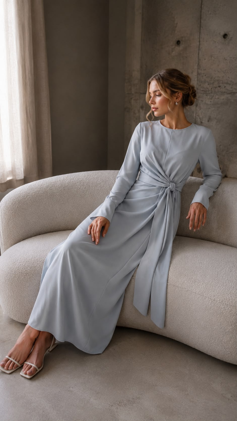 Livia - elegantné svetlomodré midi šaty s riasením v páse