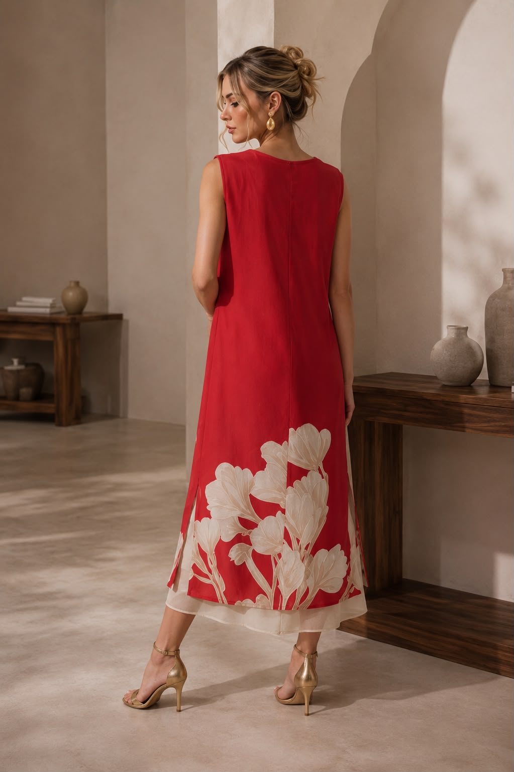Rosella - elegantné červené maxi šaty s bielym kvetinovým detailom