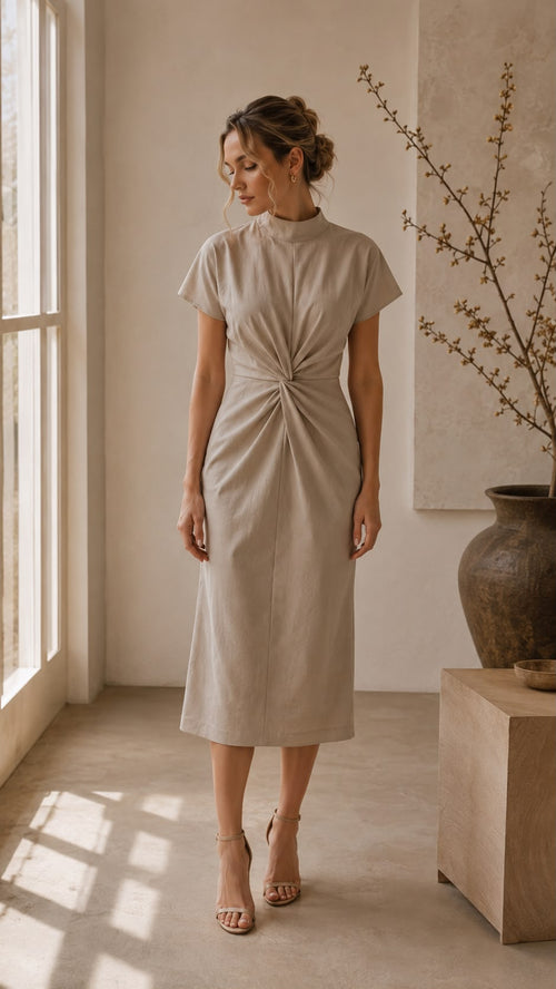 Adeline – elegantné midi šaty s riaseným detailom v páse v béžovej farbe