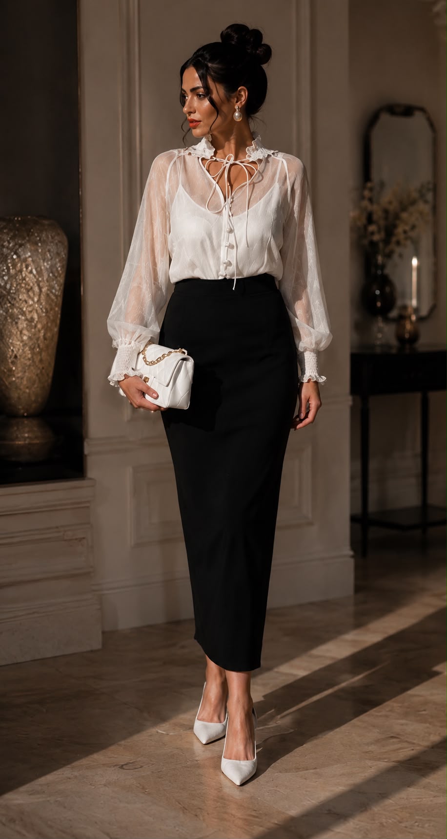 Isabelle - elegantná biela blúzka s viazaním a čierna midi sukňa